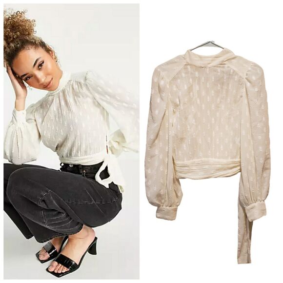 Asos Design high neck sheer top with tie back size 2 white boho blouse - Picture 1 of 10